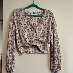 Astr Floral Twist Front Blouse in Cream and Purple